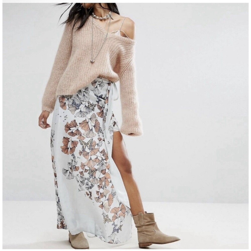 Free People Bri Bri Butterfly Maxi Skirt Blue Orange Women’s 6 Boho Spring - Picture 3 of 16